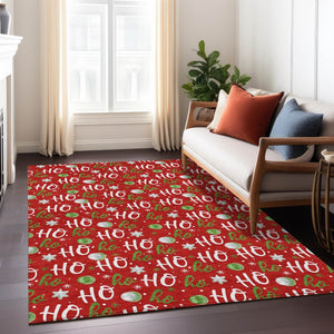 HomeRoots 5' X 8' Ho Ho Ho Washable Area Rug - Festive Red Green Design for Indoor & Outdoor High-Traffic Use 621257