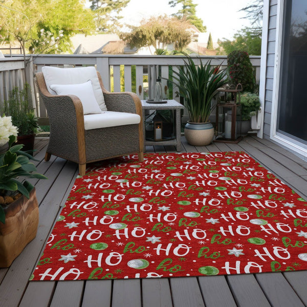 HomeRoots 5' X 8' Ho Ho Ho Washable Area Rug - Festive Red Green Design for Indoor & Outdoor High-Traffic Use 621257