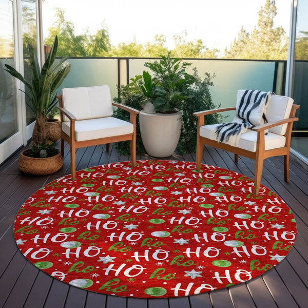 HomeRoots 8' Festive Red, White & Green "Ho Ho Ho" Round Area Rug – Durable, Washable for Indoor & Outdoor Use! 621258