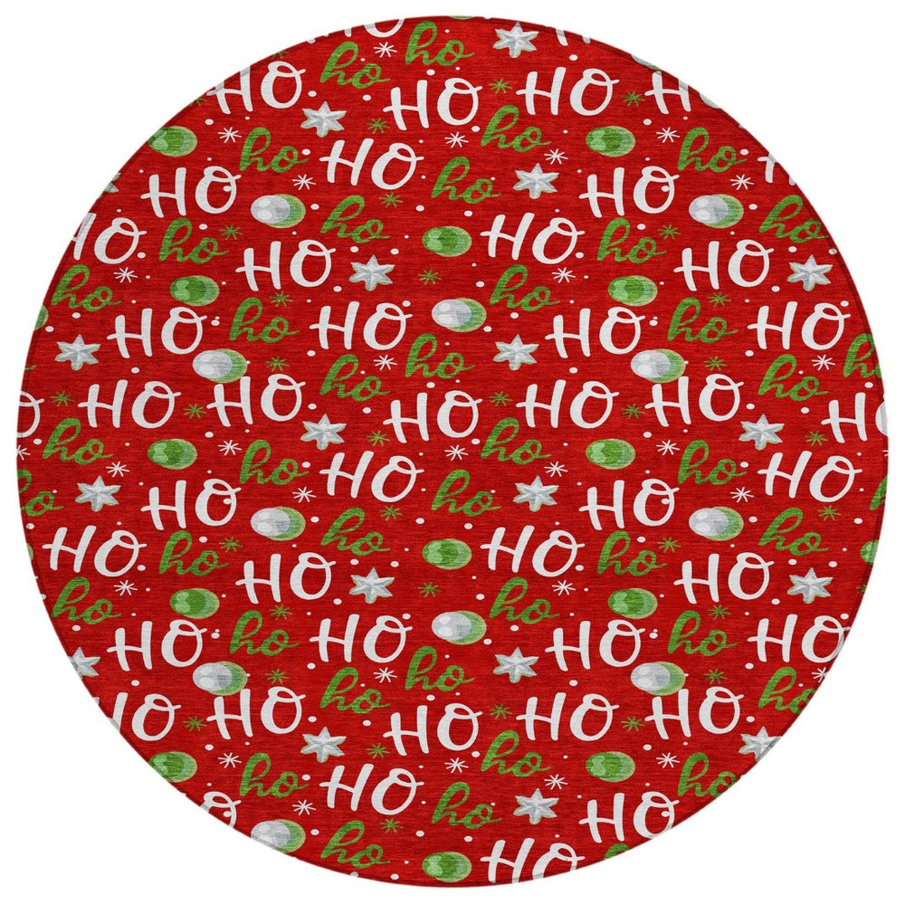 HomeRoots 8' Festive Red, White & Green "Ho Ho Ho" Round Area Rug – Durable, Washable for Indoor & Outdoor Use! 621258