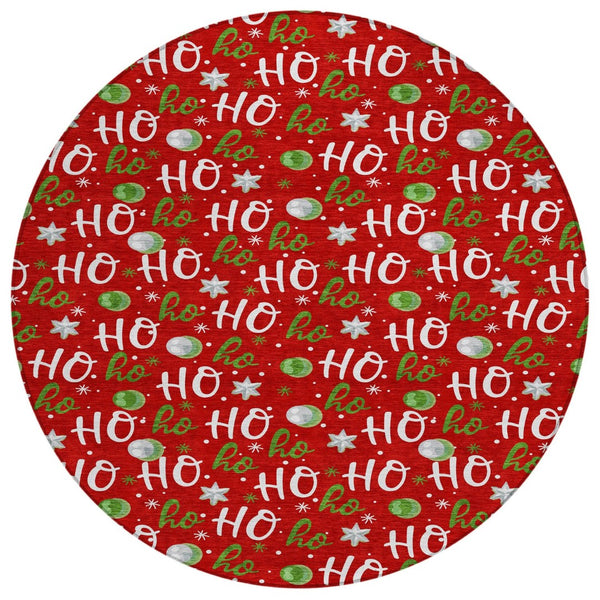 HomeRoots 8' Festive Red, White & Green "Ho Ho Ho" Round Area Rug – Durable, Washable for Indoor & Outdoor Use! 621258