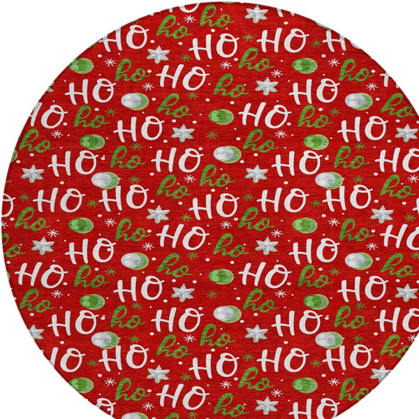 HomeRoots 8' Festive Red, White & Green "Ho Ho Ho" Round Area Rug – Durable, Washable for Indoor & Outdoor Use! 621258