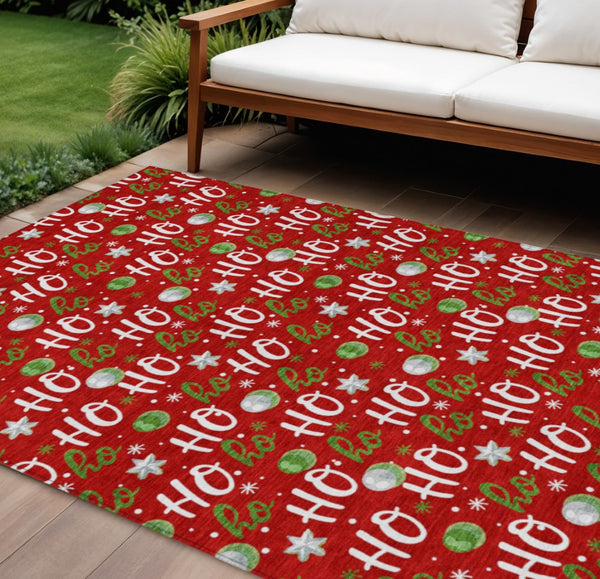 HomeRoots 8' X 10' Ho Ho Ho Holiday Area Rug – Festive Red, White & Green Design for Indoor/Outdoor Use! 621259