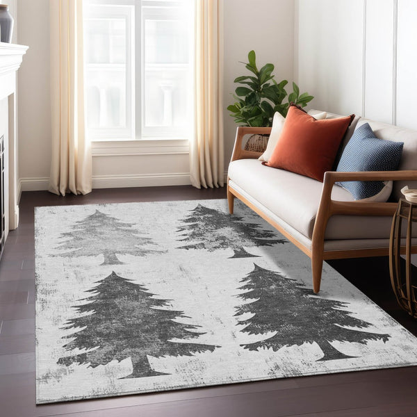 HomeRoots 5' Gray and Silver Trees Area Rug - Stylish, Washable, Durable for Indoor/Outdoor Spaces, 5x8 ft 621263