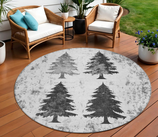 HomeRoots 8' Gray and Silver Round Trees Rug - Stylish, Washable, Durable, Perfect for Indoor & Outdoor Use! 621264