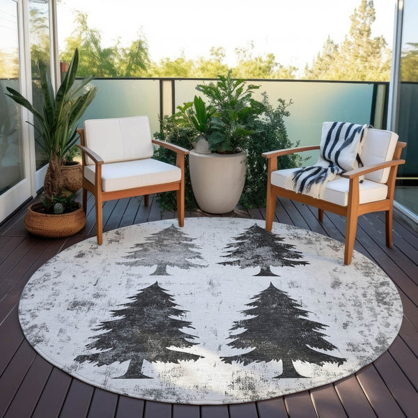 HomeRoots 8' Gray and Silver Round Trees Rug - Stylish, Washable, Durable, Perfect for Indoor & Outdoor Use! 621264