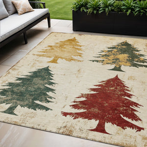 HomeRoots 5' X 8' Washable Ivory Gold Burgundy Trees Rug - Elegant Indoor/Outdoor Area Rug for High Traffic Use 621269
