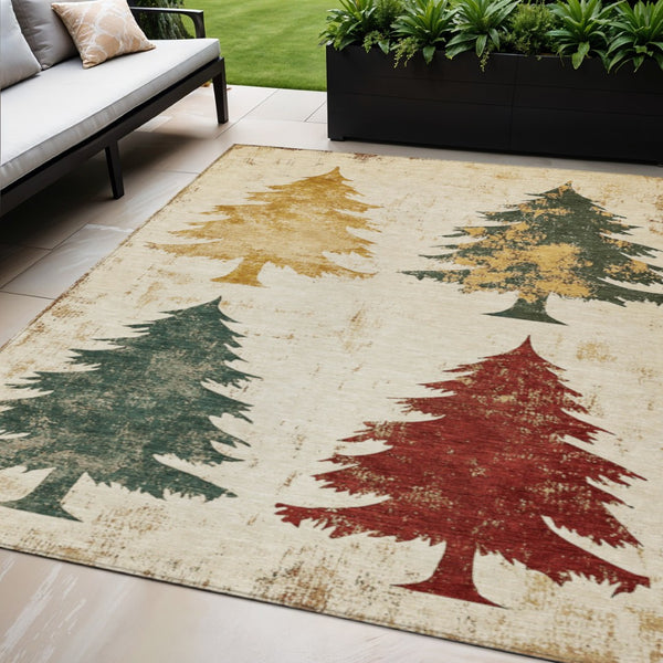 HomeRoots 5' X 8' Washable Ivory Gold Burgundy Trees Rug - Elegant Indoor/Outdoor Area Rug for High Traffic Use 621269