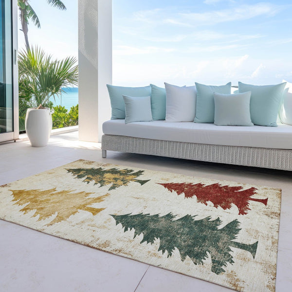 HomeRoots 5' X 8' Washable Ivory Gold Burgundy Trees Rug - Elegant Indoor/Outdoor Area Rug for High Traffic Use 621269