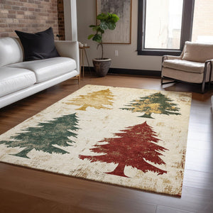 HomeRoots 5' X 8' Washable Ivory Gold Burgundy Trees Rug - Elegant Indoor/Outdoor Area Rug for High Traffic Use 621269