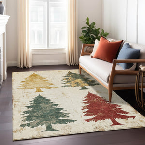 HomeRoots 5' X 8' Washable Ivory Gold Burgundy Trees Rug - Elegant Indoor/Outdoor Area Rug for High Traffic Use 621269
