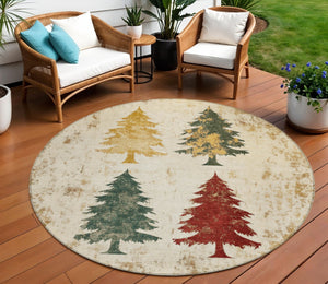 HomeRoots 8' Ivory Gold and Burgundy Round Trees Area Rug - Washable, Durable, Perfect for Indoor/Outdoor Use! 621270