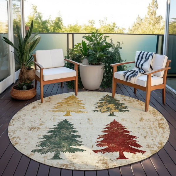 HomeRoots 8' Ivory Gold and Burgundy Round Trees Area Rug - Washable, Durable, Perfect for Indoor/Outdoor Use! 621270