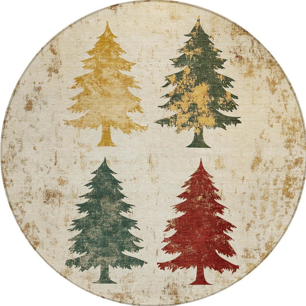 HomeRoots 8' Ivory Gold and Burgundy Round Trees Area Rug - Washable, Durable, Perfect for Indoor/Outdoor Use! 621270