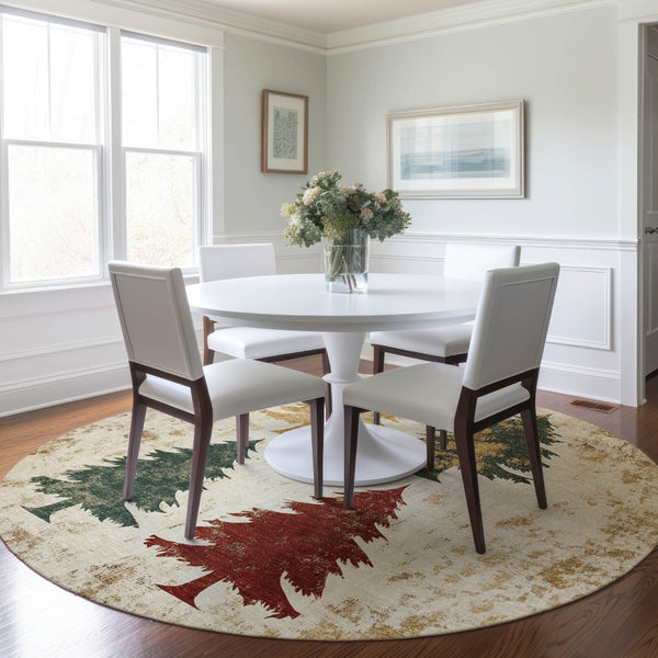 HomeRoots 8' Ivory Gold and Burgundy Round Trees Area Rug - Washable, Durable, Perfect for Indoor/Outdoor Use! 621270
