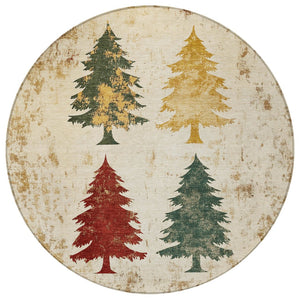 HomeRoots 8' Ivory Gold and Burgundy Round Trees Area Rug - Washable, Durable, Perfect for Indoor/Outdoor Use! 621270