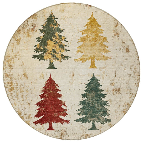 HomeRoots 8' Ivory Gold and Burgundy Round Trees Area Rug - Washable, Durable, Perfect for Indoor/Outdoor Use! 621270