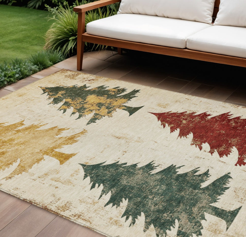 HomeRoots 8' X 10' Elegant Ivory Gold & Burgundy Trees Washable Area Rug for Indoor & Outdoor Spaces 621271