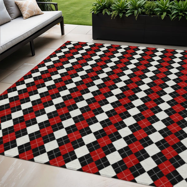HomeRoots 5' X 8' Argyle Area Rug in Bold Black, Red & White - Washable, Durable for Indoor/Outdoor Use 621281