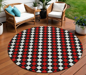 HomeRoots 8' Bold Black, Red & White Round Argyle Washable Area Rug - Perfect for Indoor/Outdoor Spaces! 621282