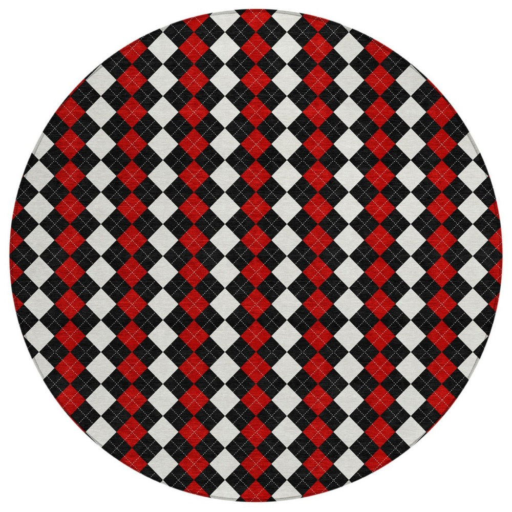 HomeRoots 8' Bold Black, Red & White Round Argyle Washable Area Rug - Perfect for Indoor/Outdoor Spaces! 621282