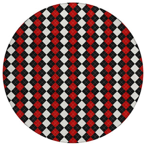HomeRoots 8' Bold Black, Red & White Round Argyle Washable Area Rug - Perfect for Indoor/Outdoor Spaces! 621282