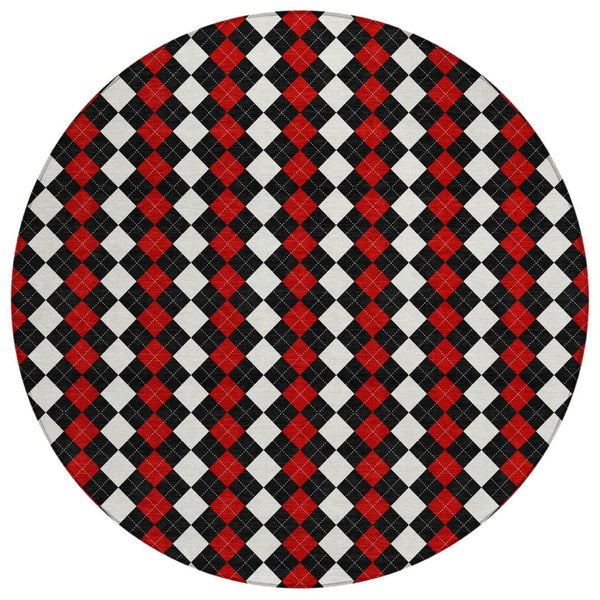 HomeRoots 8' Bold Black, Red & White Round Argyle Washable Area Rug - Perfect for Indoor/Outdoor Spaces! 621282