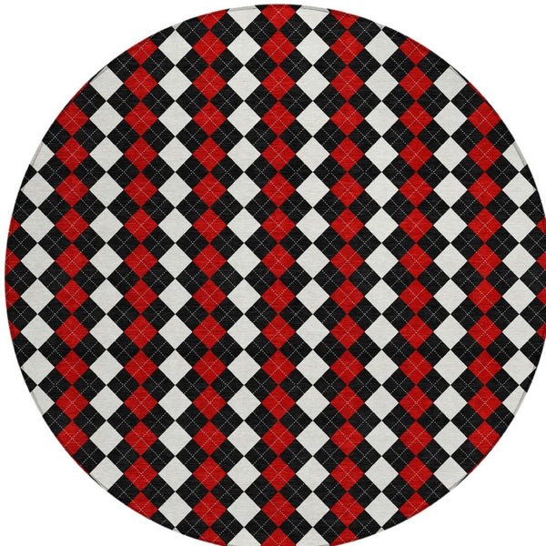 HomeRoots 8' Bold Black, Red & White Round Argyle Washable Area Rug - Perfect for Indoor/Outdoor Spaces! 621282