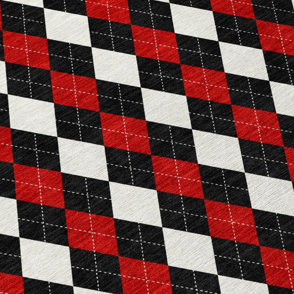 HomeRoots 8' Bold Black, Red & White Round Argyle Washable Area Rug - Perfect for Indoor/Outdoor Spaces! 621282