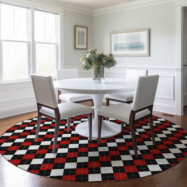 HomeRoots 8' Bold Black, Red & White Round Argyle Washable Area Rug - Perfect for Indoor/Outdoor Spaces! 621282