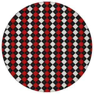 HomeRoots 8' Bold Black, Red & White Round Argyle Washable Area Rug - Perfect for Indoor/Outdoor Spaces! 621282