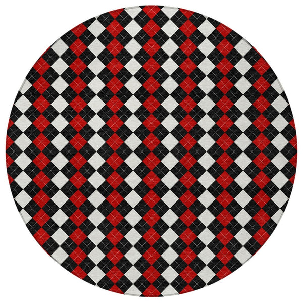 HomeRoots 8' Bold Black, Red & White Round Argyle Washable Area Rug - Perfect for Indoor/Outdoor Spaces! 621282