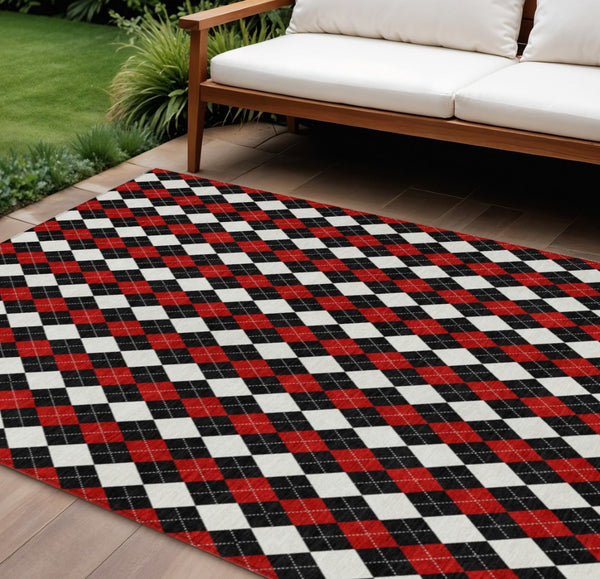 HomeRoots 8' X 10' Argyle Area Rug - Durable Black, Red & White Design for Indoor/Outdoor High-Traffic Spaces 621283
