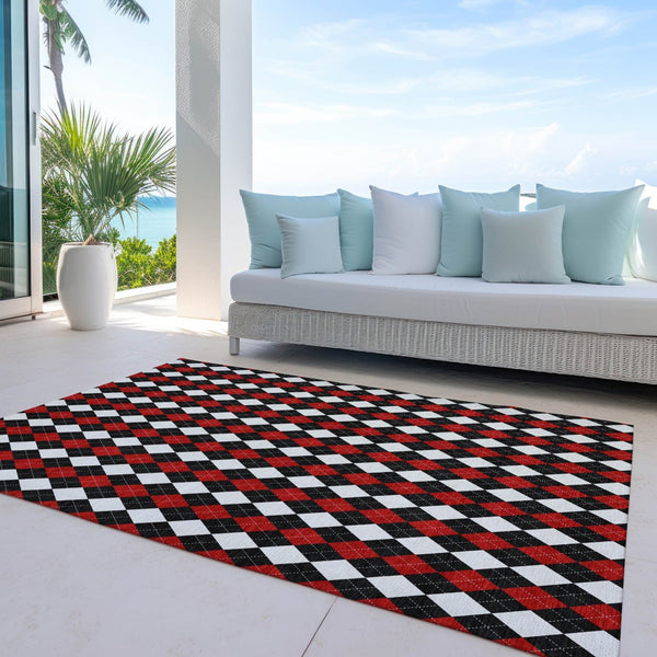 HomeRoots 8' X 10' Argyle Area Rug - Durable Black, Red & White Design for Indoor/Outdoor High-Traffic Spaces 621283