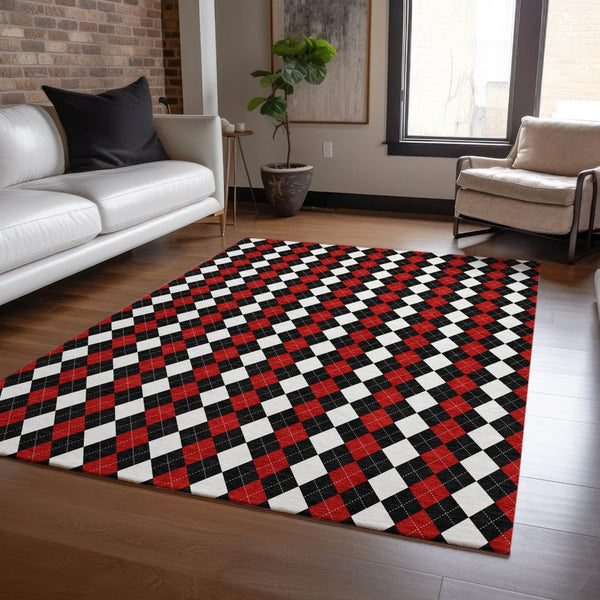HomeRoots 8' X 10' Argyle Area Rug - Durable Black, Red & White Design for Indoor/Outdoor High-Traffic Spaces 621283
