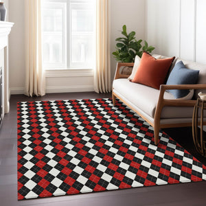 HomeRoots 8' X 10' Argyle Area Rug - Durable Black, Red & White Design for Indoor/Outdoor High-Traffic Spaces 621283