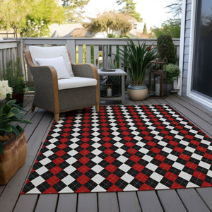 HomeRoots 8' X 10' Argyle Area Rug - Durable Black, Red & White Design for Indoor/Outdoor High-Traffic Spaces 621283