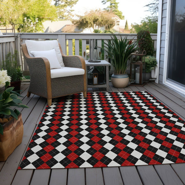 HomeRoots 8' X 10' Argyle Area Rug - Durable Black, Red & White Design for Indoor/Outdoor High-Traffic Spaces 621283