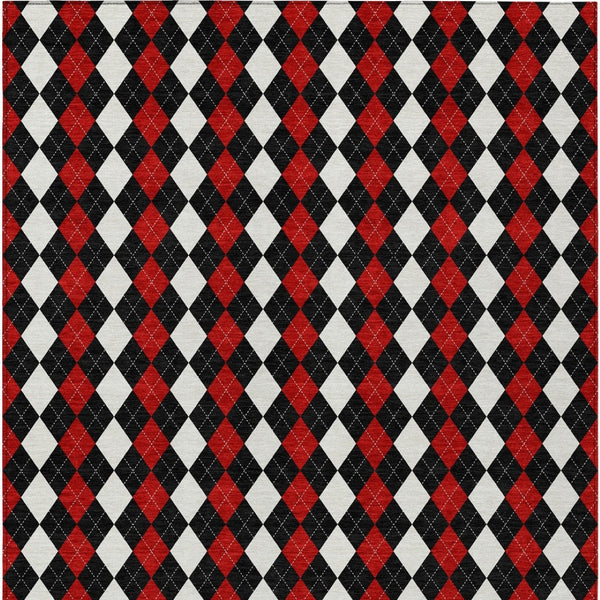 HomeRoots 9' X 12' Washable Argyle Area Rug in Black, Red & White - Durable, Stylish for Indoor/Outdoor Use 621284