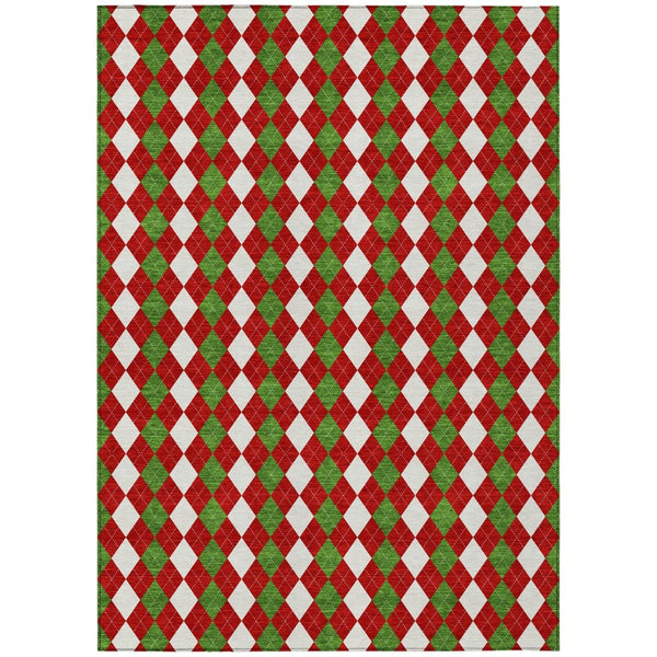 HomeRoots 5' X 8' Argyle Area Rug - Red, White & Green Indoor/Outdoor Design, Stain-Resistant, Machine Washable 621293