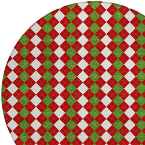 HomeRoots 8' Round Argyle Area Rug in Red, White & Green – Durable, Washable, Perfect for Indoor/Outdoor Spaces! 621294