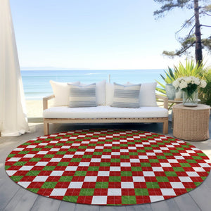 HomeRoots 8' Round Argyle Area Rug in Red, White & Green – Durable, Washable, Perfect for Indoor/Outdoor Spaces! 621294