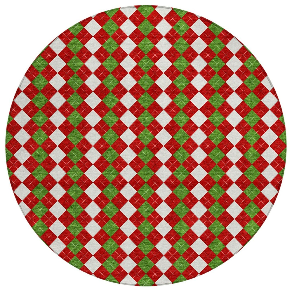 HomeRoots 8' Round Argyle Area Rug in Red, White & Green – Durable, Washable, Perfect for Indoor/Outdoor Spaces! 621294