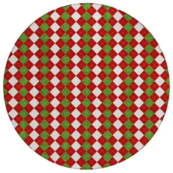 HomeRoots 8' Round Argyle Area Rug in Red, White & Green – Durable, Washable, Perfect for Indoor/Outdoor Spaces! 621294