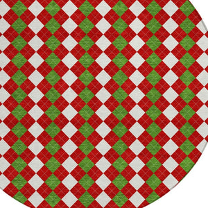 HomeRoots 8' Round Argyle Area Rug in Red, White & Green – Durable, Washable, Perfect for Indoor/Outdoor Spaces! 621294
