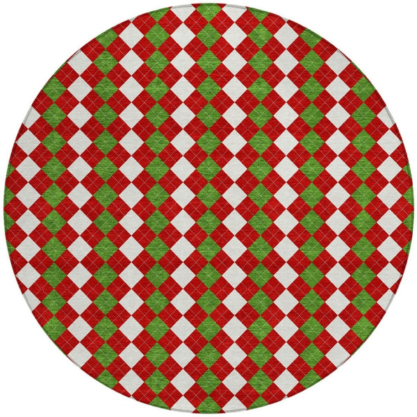 HomeRoots 8' Round Argyle Area Rug in Red, White & Green – Durable, Washable, Perfect for Indoor/Outdoor Spaces! 621294