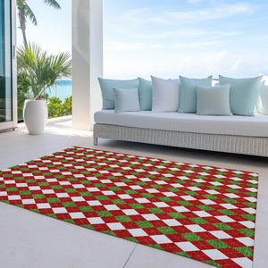 HomeRoots 8' X 10' Argyle Rug in Bold Red, White & Green - Durable, Washable for Indoor & Outdoor Use! 621295