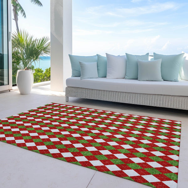 HomeRoots 9' X 12' Argyle Indoor Outdoor Area Rug - Durable, Washable, Colorful Accent for High-Traffic Spaces 621296