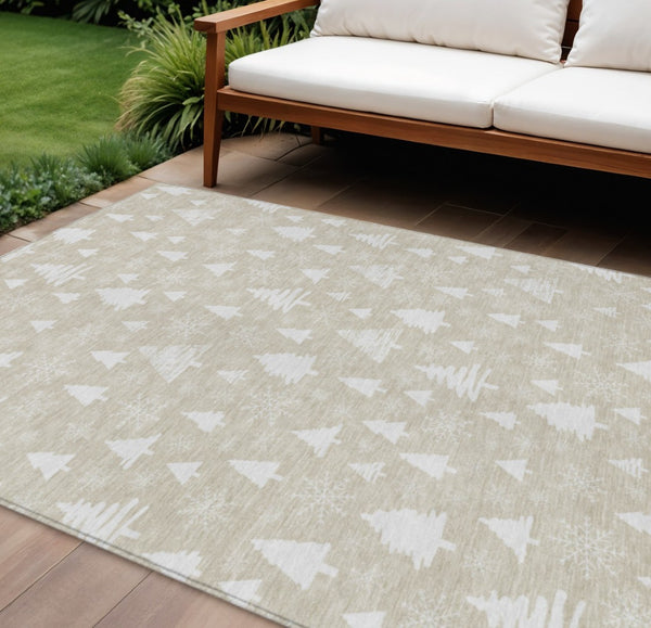HomeRoots 9' X 12' Elegant Beige and Ivory Tree Pattern Area Rug - Washable, Durable, Indoor/Outdoor Use 621374