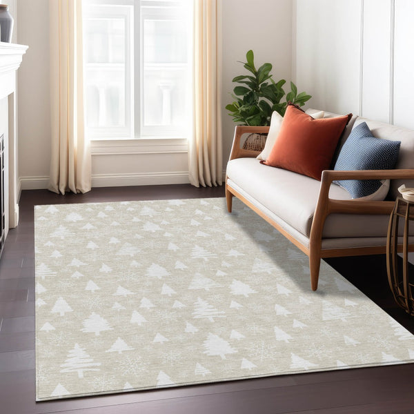 HomeRoots 9' X 12' Elegant Beige and Ivory Tree Pattern Area Rug - Washable, Durable, Indoor/Outdoor Use 621374